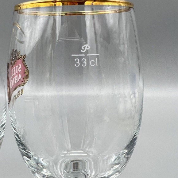 Stella Artois Chalice Beer Glasses Gold Rim 33cl Set of 2 EUC Fathers Day Gift - Picture 3 of 11